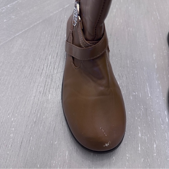 Bebe Brown Leather Knee-High Boots with Rhinestone Buckle - Picture 4 of 7